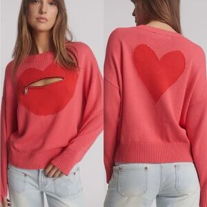 One Teaspoon Lips Of Love Zip Front Valentine’s Sweater Pink SIze XS (oversized)